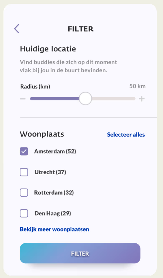 Filters voor het vinden van een buddy op locatie