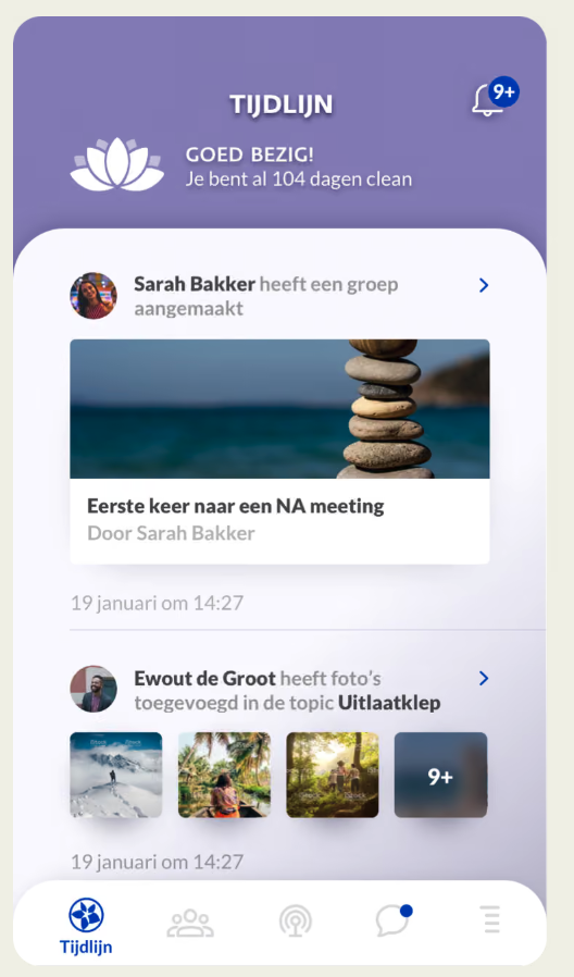 Tijdlijn met updates van deelnemers aan de nazorgapp