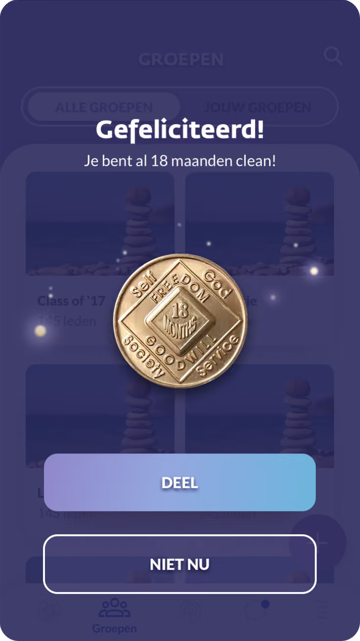 Scherm dat een herstelmijlpaal van achttien maanden viert