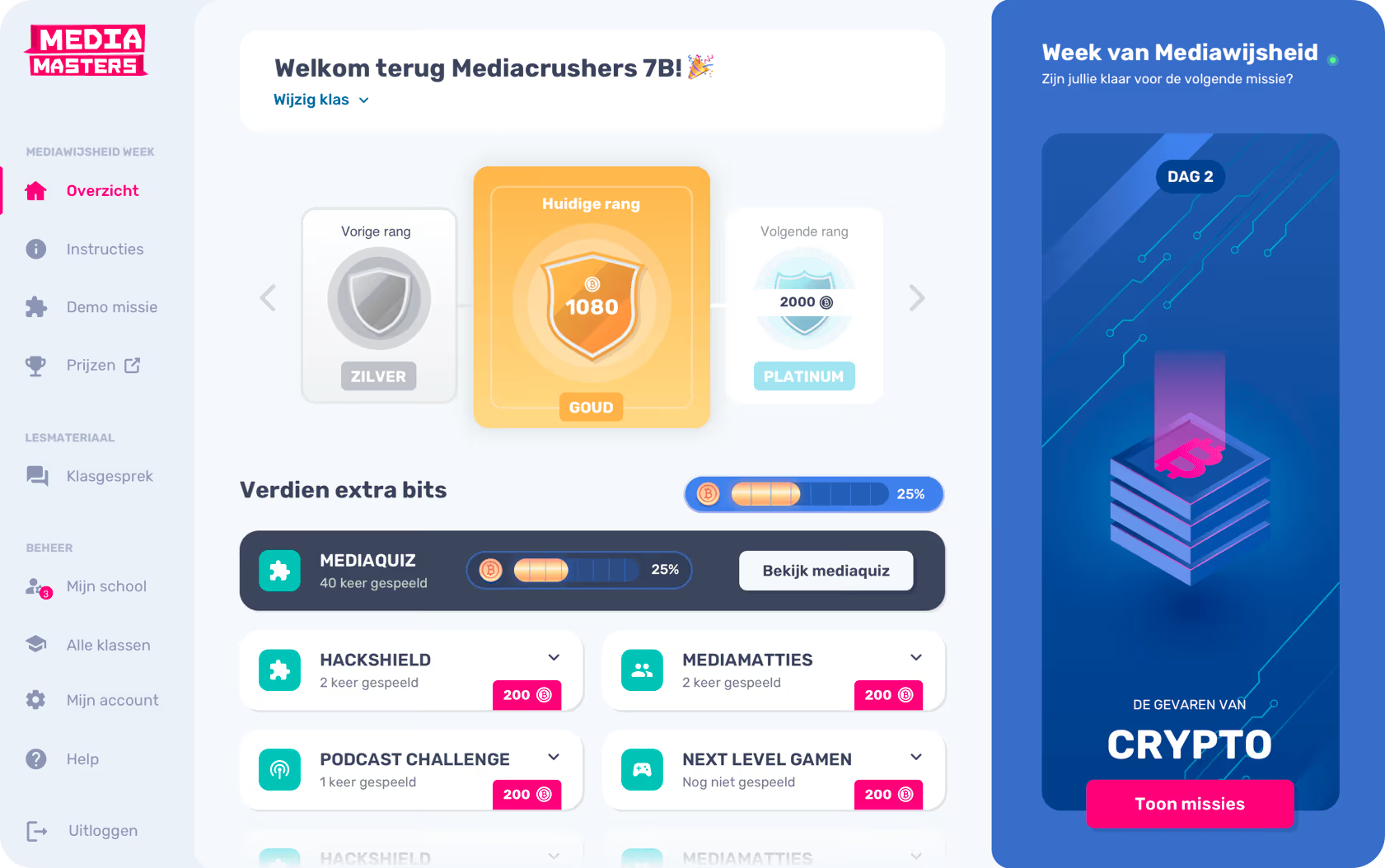 Docentendashboard van het vernieuwde MediaMasters-platform