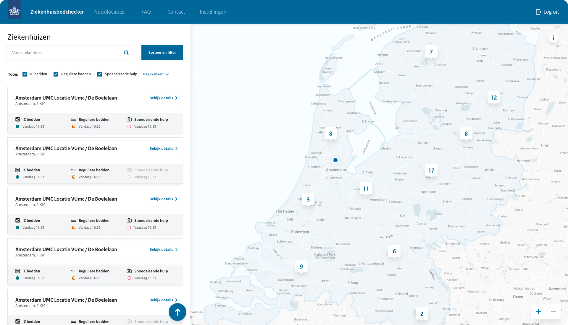 Landelijk overzicht van ziekenhuizen en beschikbare bedden